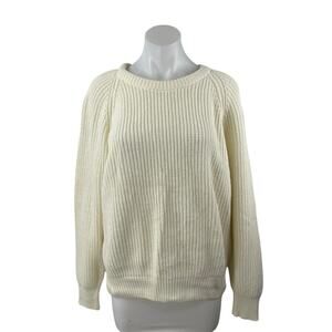 Pacific Club Women's Cream White Rib Knit Cotton Long Sleeve Sweater Top Size L